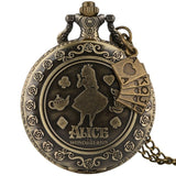 Retro Bronze Dream Alice in Wonderland Rabbit Poker Carousel Accessory Quartz Pocket Watch Chain Necklace Pendant for Girl Women