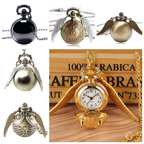 Retro Steampunk Smooth Snitch Ball Shaped Quartz Pocket Watch Fashion Sweater Angel Wings Necklace Chain Gifts for Men Women kid