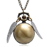 Retro Steampunk Smooth Snitch Ball Shaped Quartz Pocket Watch Fashion Sweater Angel Wings Necklace Chain Gifts for Men Women kid