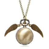 Retro Steampunk Smooth Snitch Ball Shaped Quartz Pocket Watch Fashion Sweater Angel Wings Necklace Chain Gifts for Men Women kid