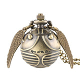 Retro Steampunk Smooth Snitch Ball Shaped Quartz Pocket Watch Fashion Sweater Angel Wings Necklace Chain Gifts for Men Women kid
