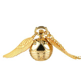 Retro Steampunk Smooth Snitch Ball Shaped Quartz Pocket Watch Fashion Sweater Angel Wings Necklace Chain Gifts for Men Women kid