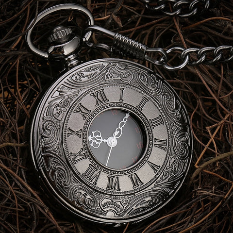 Black Roman Numerals Quartz Pocket Watch Men Women Black Hollow Case Steampunk Vintage Pendant Necklace Best Gifts for Men Women