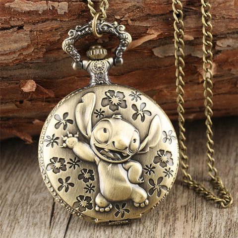 Brozne Cute  Pocket Watch for Children Pendant Necklace Chain Quartz Pocket Clock Gifts for Boys Girls